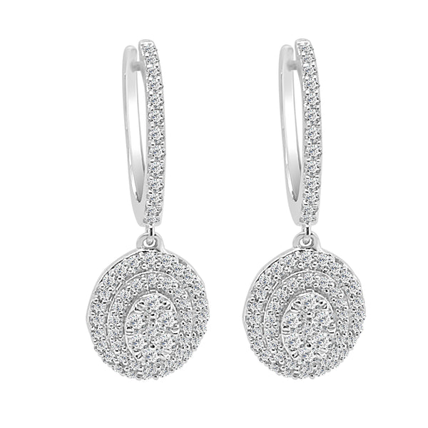 10K White Gold Oval Halo Cluster Drop Earrings with 0.75 ct Natural Diamonds
