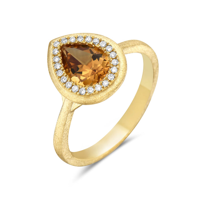 14K Yellow Gold Citrine Pear Shape Ring with Satin Finish - 0.91 ct
