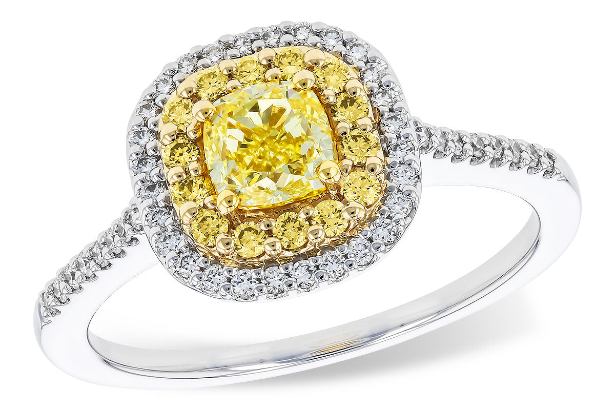 Exquisite 14 Karat Two-Tone Ring with Fancy Color Yellow Diamond, Double Halo, Cushion Shape - 0.50 Carat