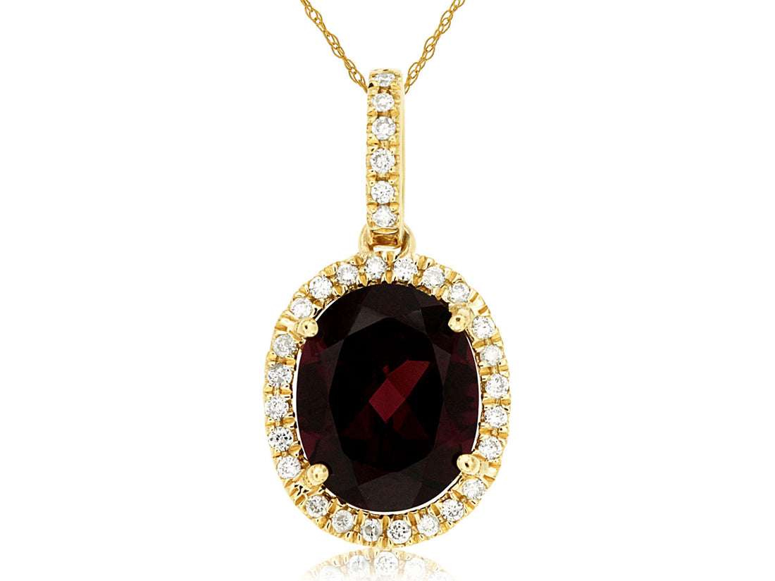 14K Yellow Gold Garnet Gemstone Halo Necklace with Cable Chain