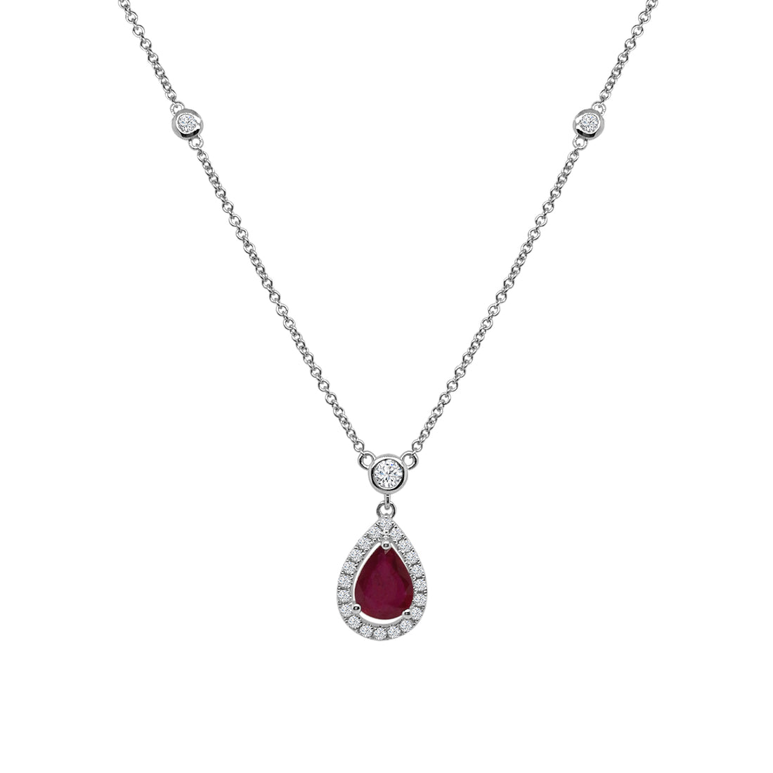 14K White Gold Ruby Pear Halo Drop Necklace - 1.12 Carat