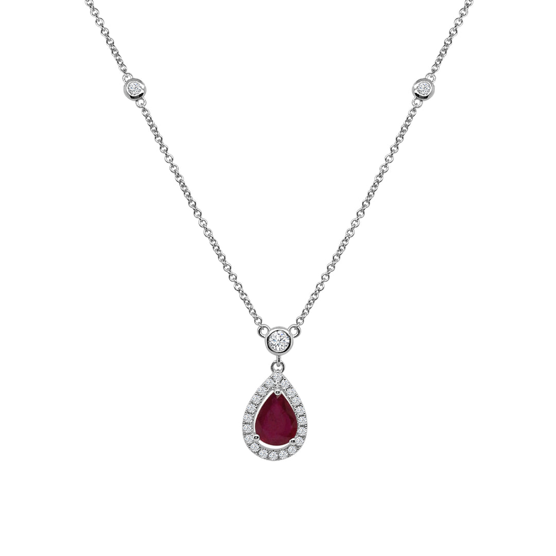 Ruby Pear Halo Drop Necklace in 14 Karat White Gold - 1.12 Carat Shape