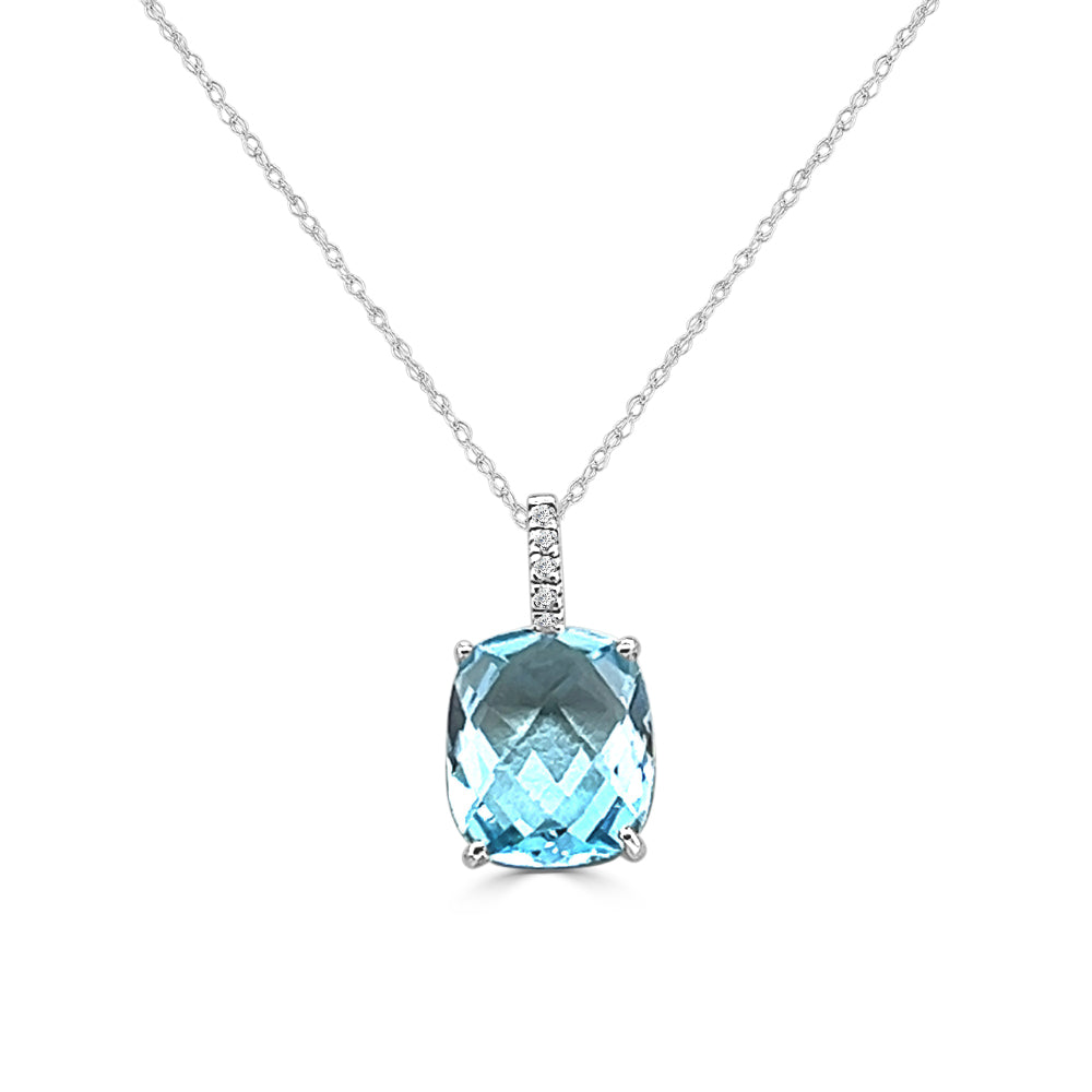 Stunning Swiss Blue Topaz and Diamond Necklace in 14 Karat White Gold - Cushion Shape, 7.00 Carat Blue Topaz