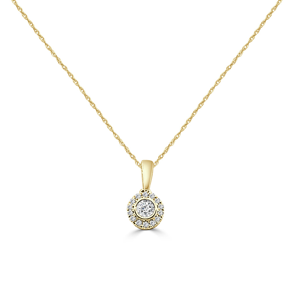 10 Karat Yellow Gold Round Shape Illusion Set RBC Necklace with Halo featuring Natural Diamond (0.13 carat)