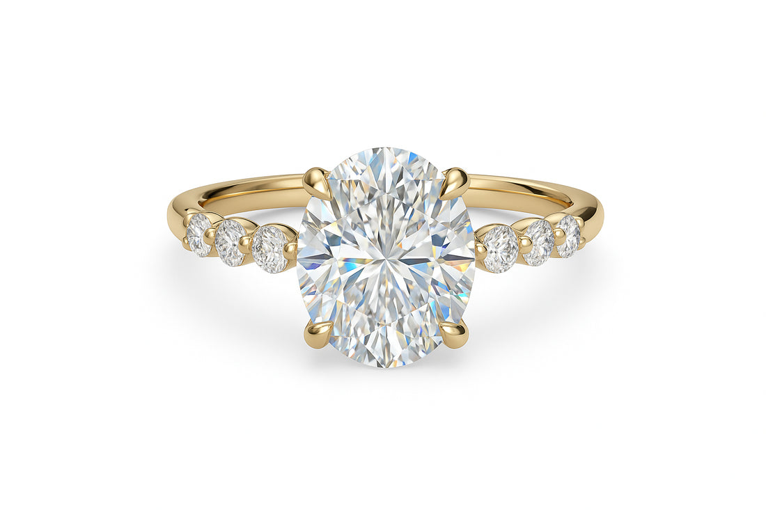 14K Yellow Gold Oval Halo Engagement Ring with Bubble Diamond Band - 2.51ct Lab Diamond