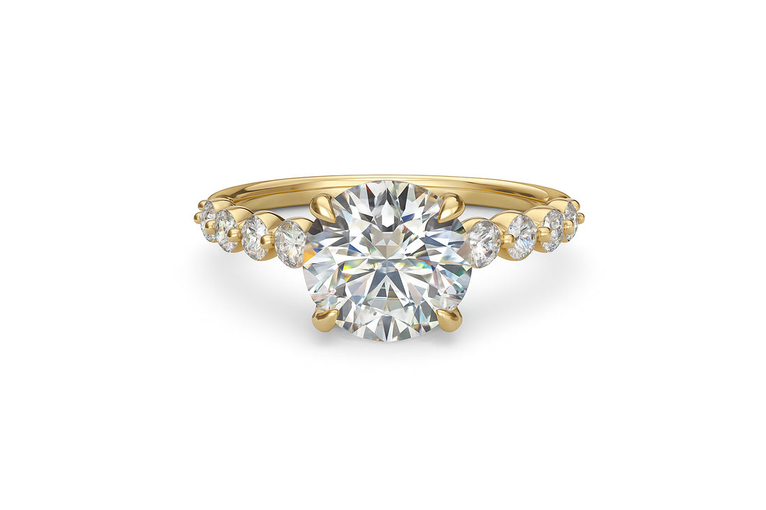 14K Yellow Gold Oval Center Engagement Ring with Bubble Diamond Band and Side Gemstones
