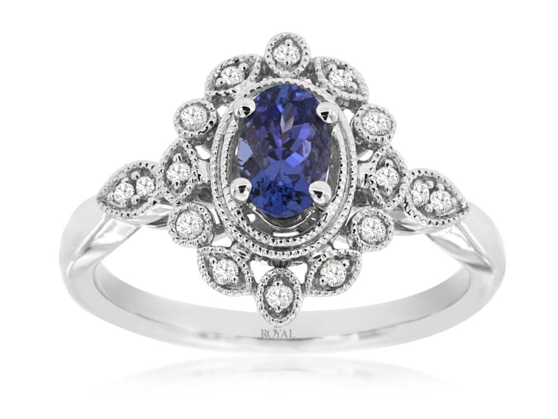 14K White Gold Tanzanite and Diamond Oval Ring, 0.50 Carat