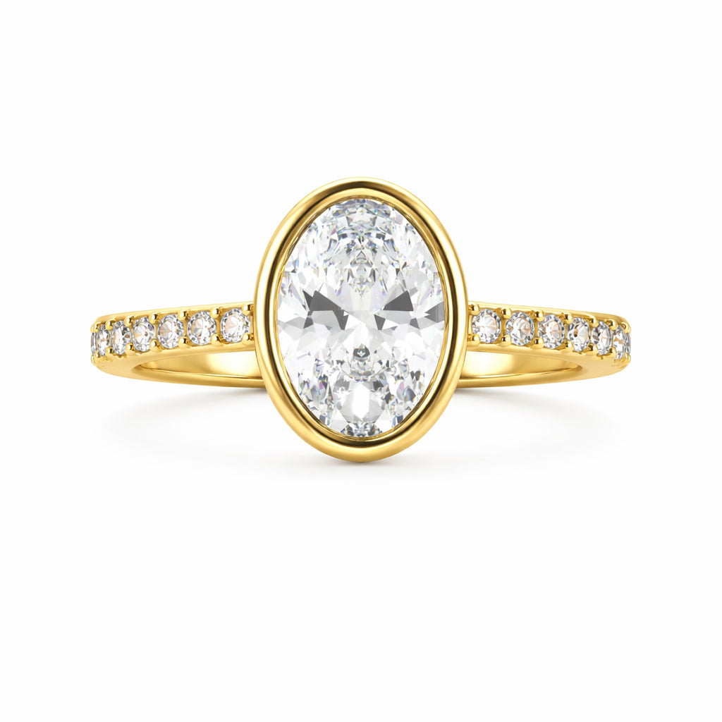 14K Yellow Gold Bezel Set Oval and Round Lab Diamond Engagement Ring with Side Gemstones
