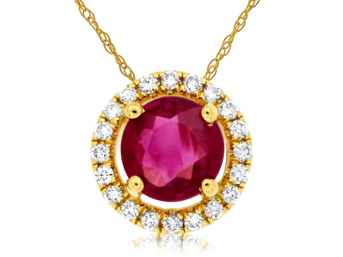 Radiant Ruby and Diamond Pendant - 14 Karat Yellow Gold Necklace with Round 0.47 Carat Ruby