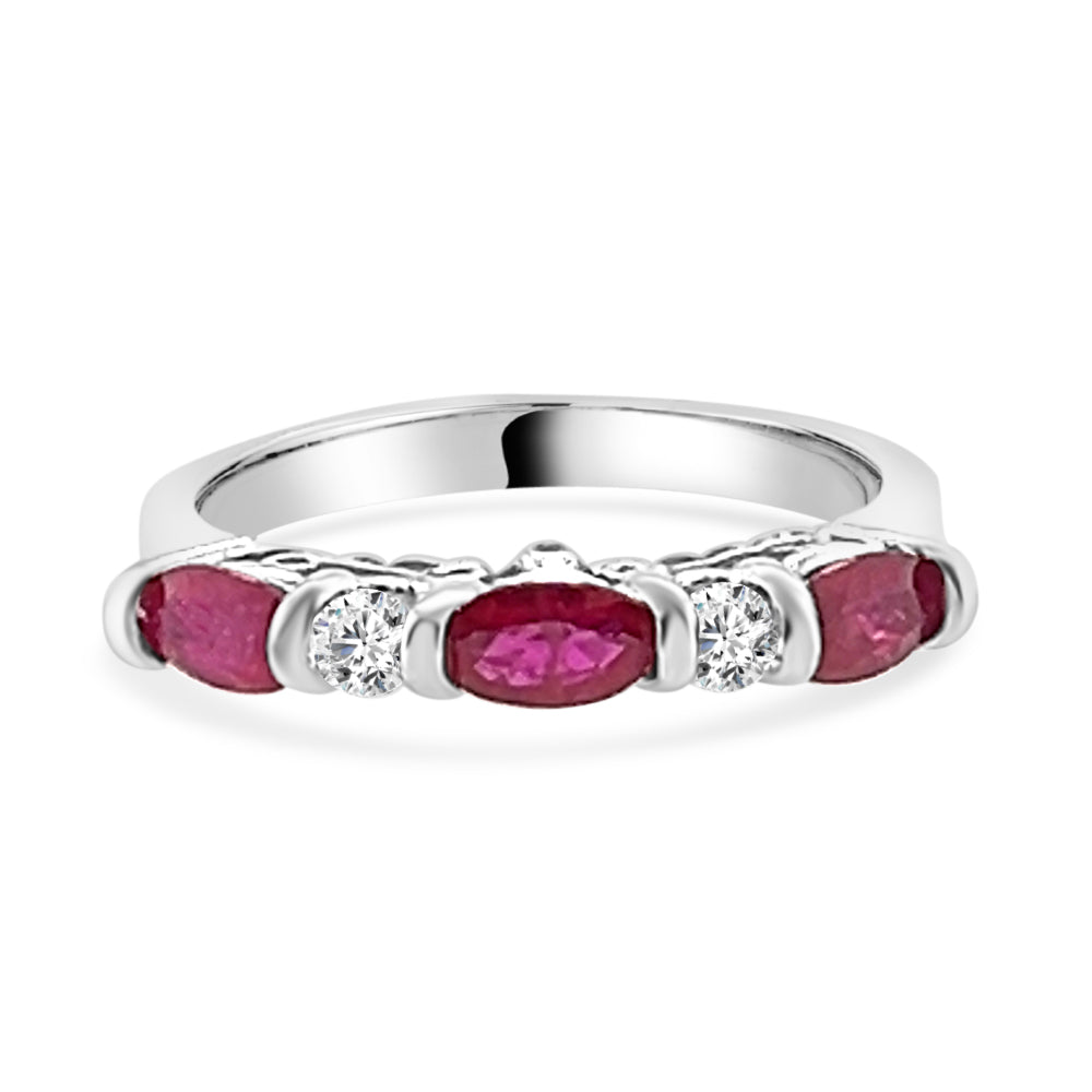 14 Karat White Gold Oval Diamond and Ruby Channel Set Ring