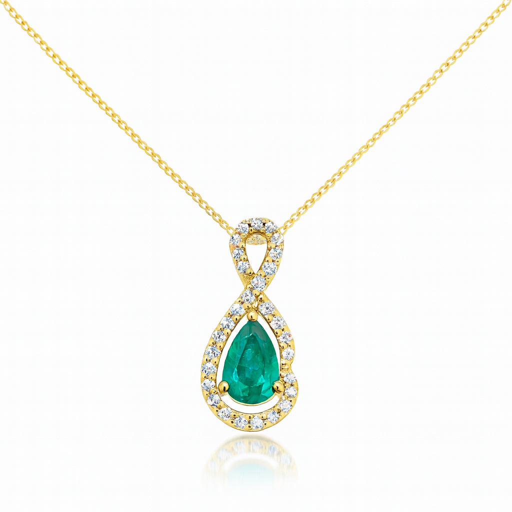 Emerald Halo Necklace in 14 Karat Yellow Gold - Pear Shape, 0.30 Carat