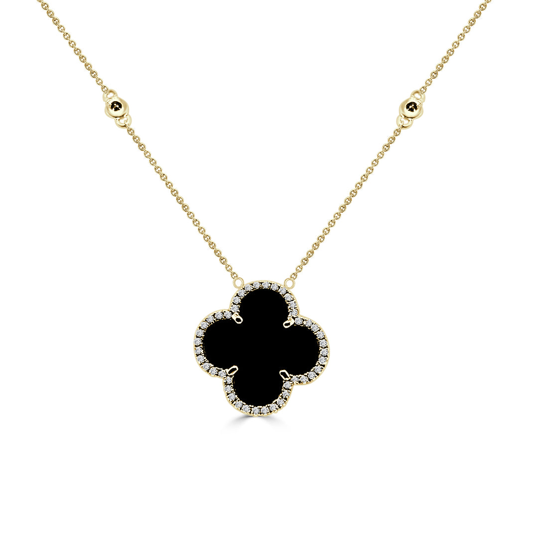 14K Yellow Gold Onyx Necklace: Black Cover Pendant with Station Chain