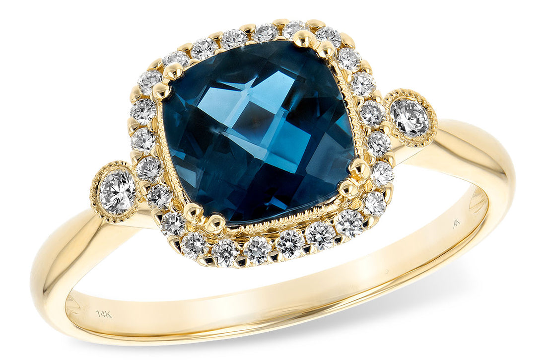 London Cushion Halo Blue Topaz Ring in 14 Karat Yellow Gold - 1.62 Carats