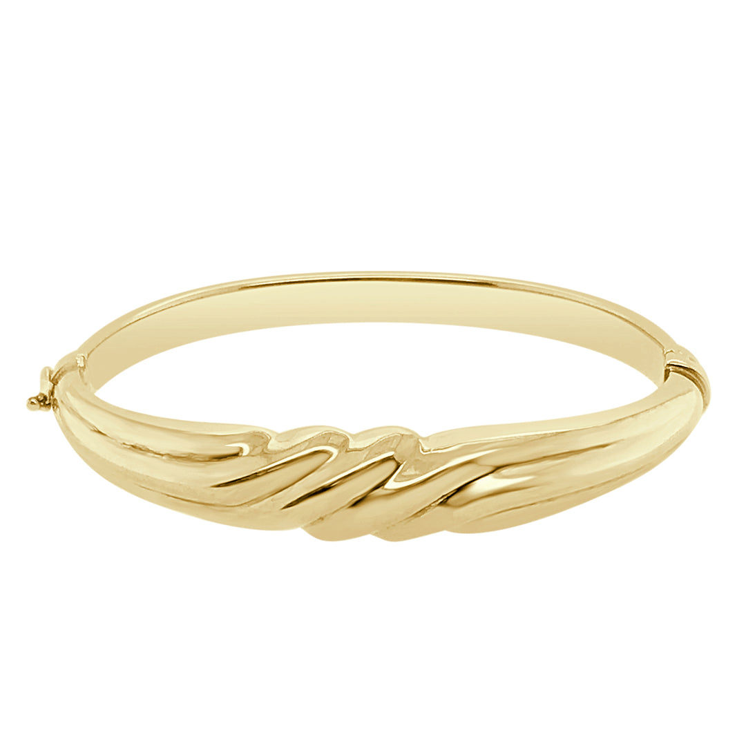 Twisted Elegance: Hinged Wide Bangle in 14 Karat Yellow Gold