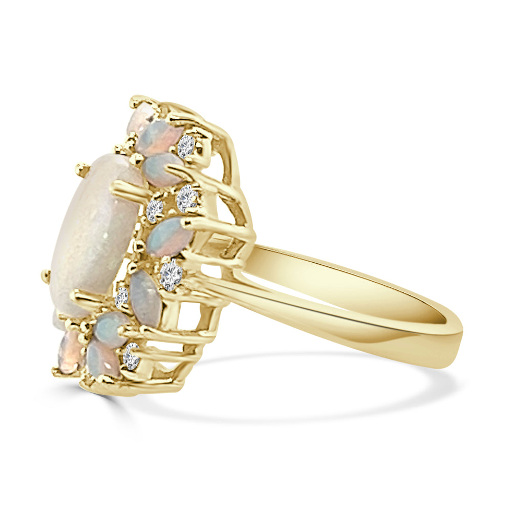 Radiant Opulence: 2.20 Carat Diamond and White Opal Ring in 14 Karat Yellow Gold