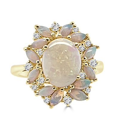 Radiant Opulence: 2.20 Carat Diamond and White Opal Ring in 14 Karat Yellow Gold