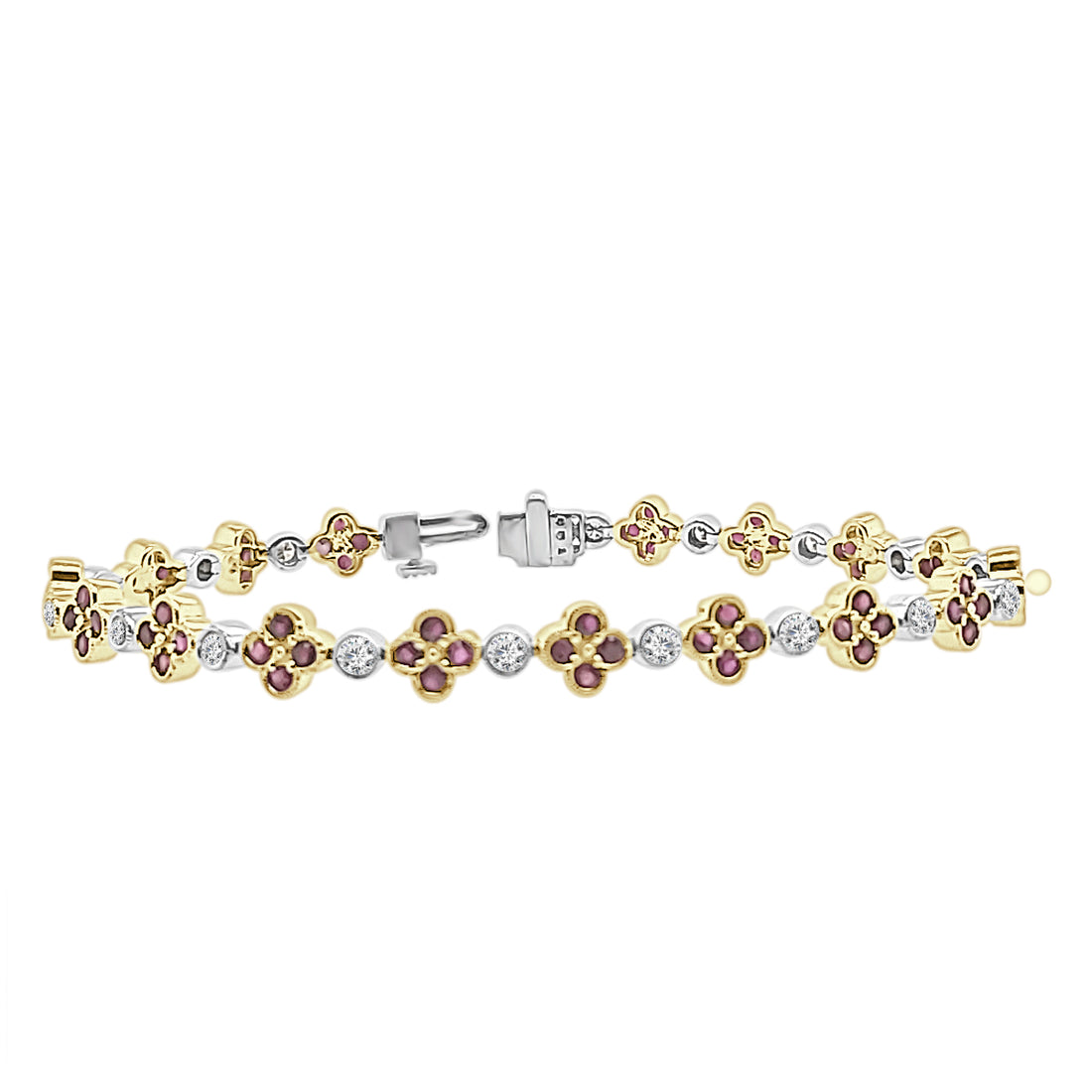 14 Karat Two-Tone Alternating Clover &amp; Bezel Ruby Bracelet - 2.36 Carat