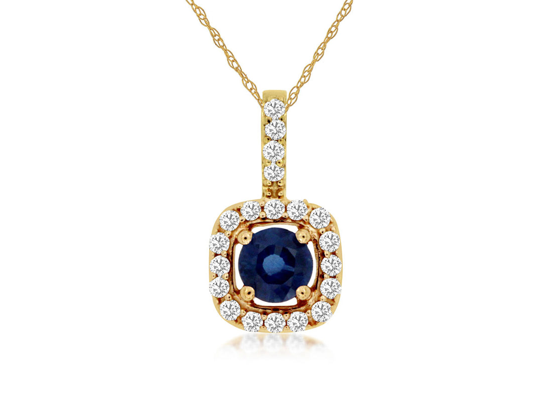 14K Yellow Gold Halo Necklace with Blue Sapphire and Diamond Accents