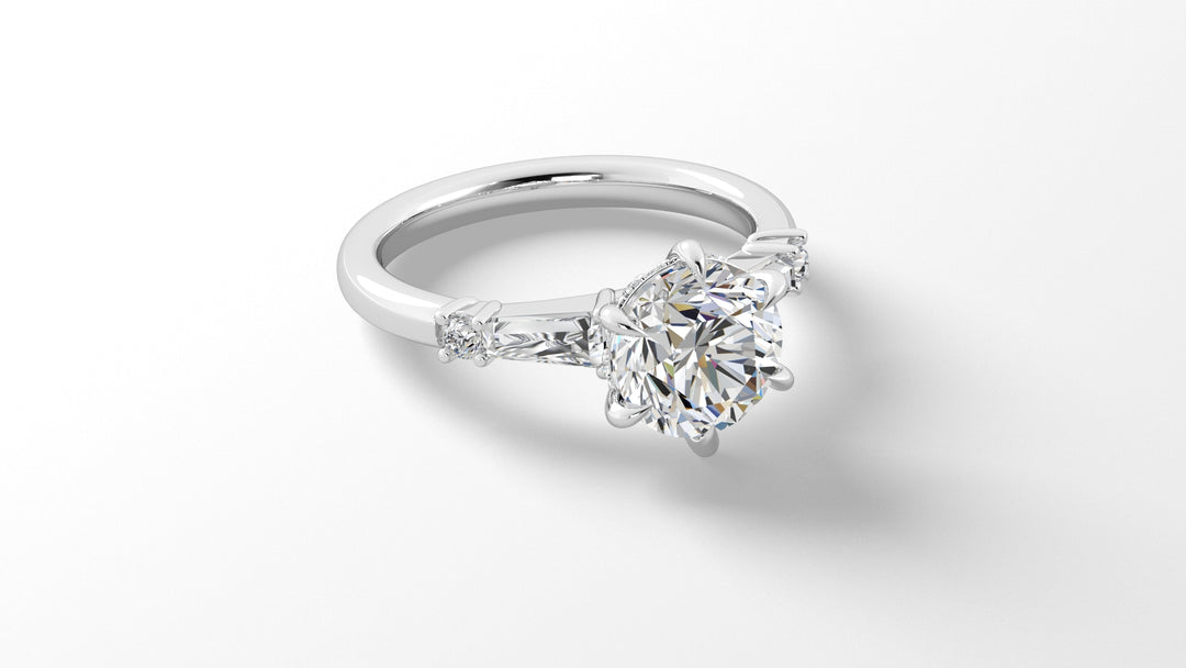 Platinum Round Engagement Mounting with Tapered Baguettes and Hidden Halo - 2.00 Carat Cubic Zirconia