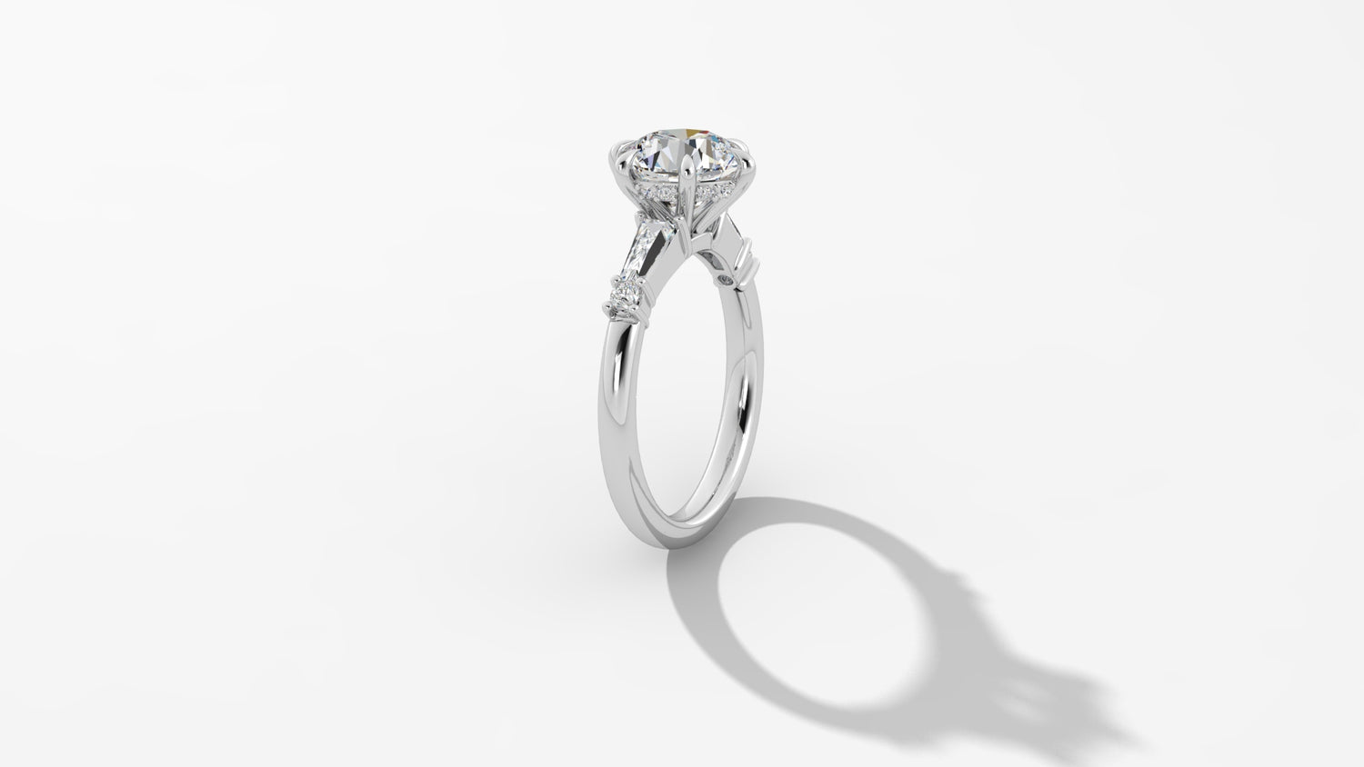 Elegant Platinum Engagement Ring with Tapered Baguettes and Hidden Halo Mounting