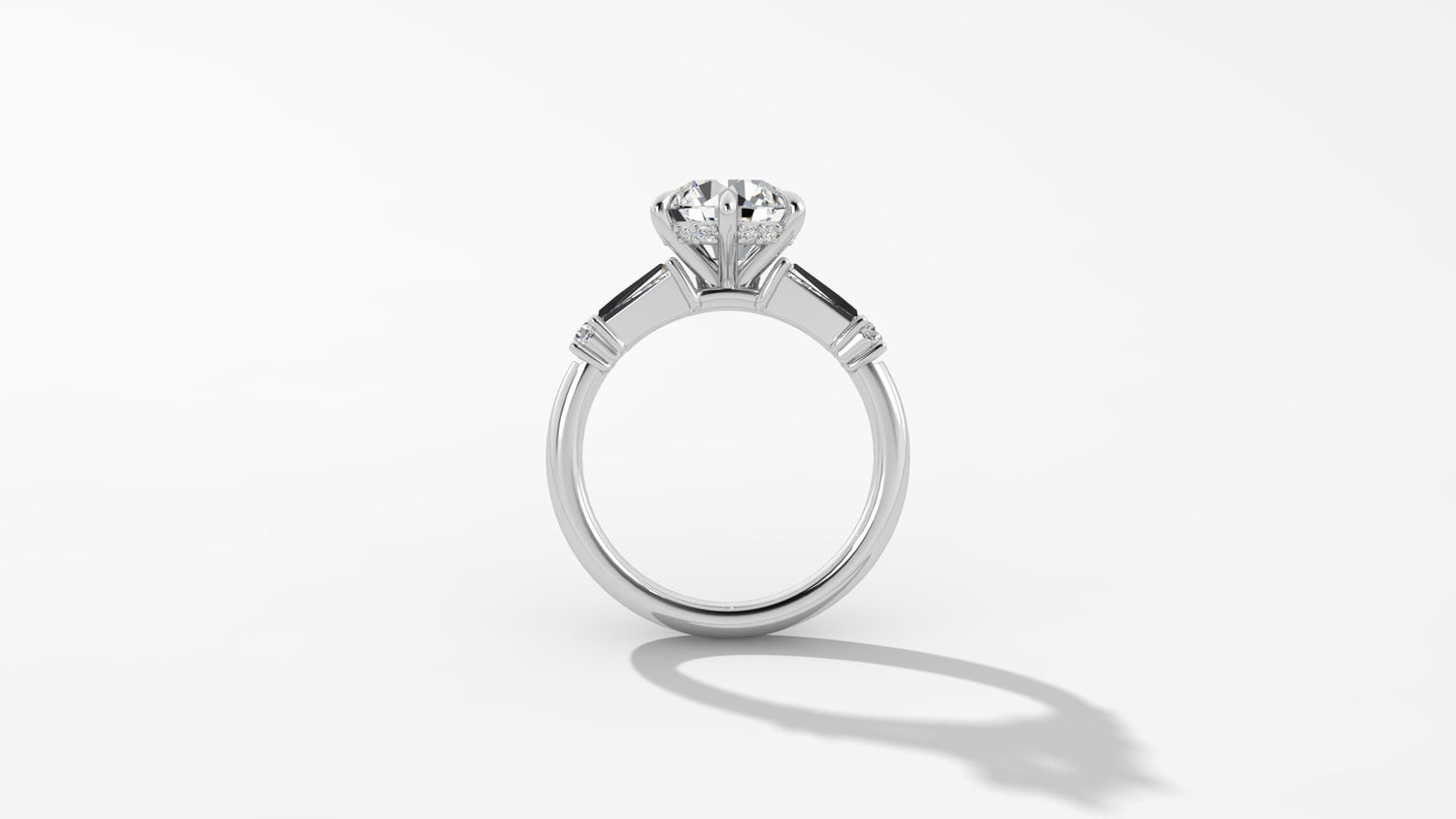 Elegant Platinum Engagement Ring with Tapered Baguettes and Hidden Halo Mounting