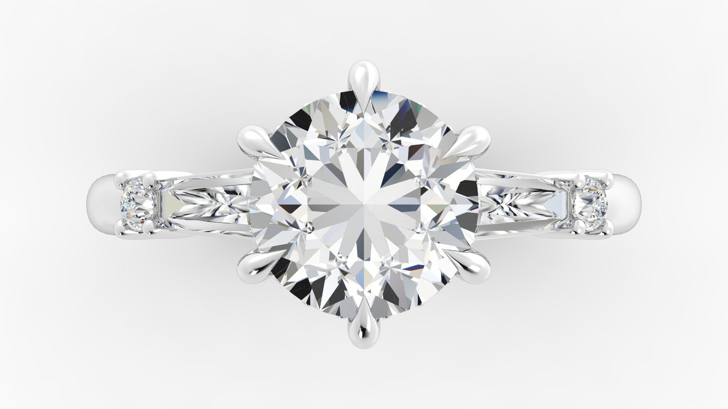 Elegant Platinum Engagement Ring with Tapered Baguettes and Hidden Halo Mounting