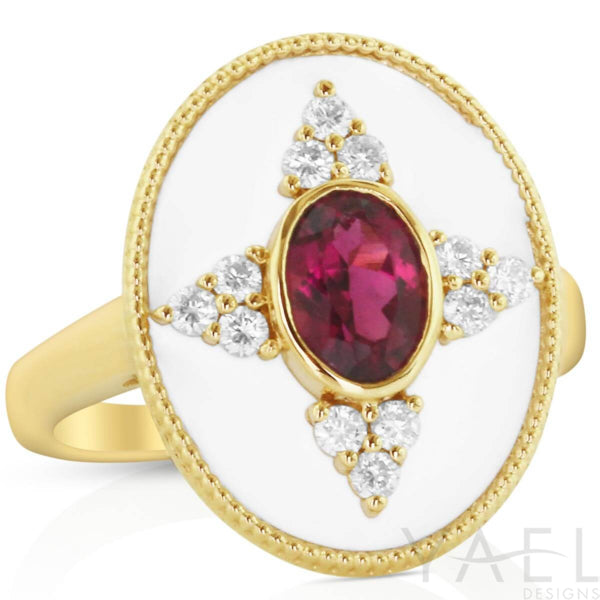 14 Karat Yellow Gold Regalia White Enamel Oval Halo Ring with Rubellite 0.64 Carats