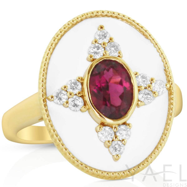 14 Karat Yellow Gold Regalia White Enamel Oval Halo Ring with Rubellite (0.64 ct)