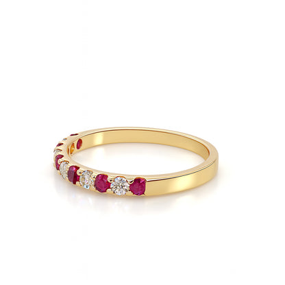 14K Yellow Gold Ruby and Diamond Straight Band Ring - Round 0.3ct Ruby