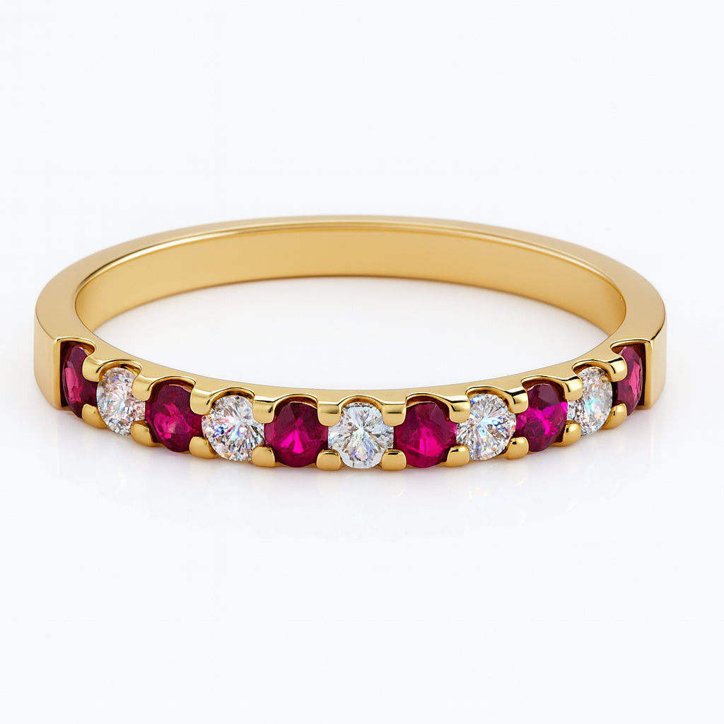 14K Yellow Gold Ruby and Diamond Straight Band Ring - Round 0.3ct Ruby