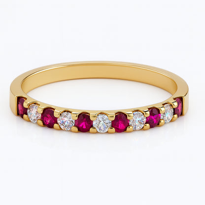 14K Yellow Gold Ruby and Diamond Straight Band Ring - Round 0.3ct Ruby