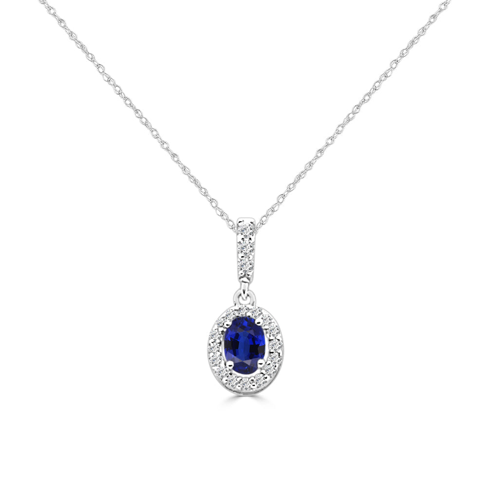 Blue Sapphire and Diamond 14K White Gold Oval Shape Necklace, 0.60 Carats