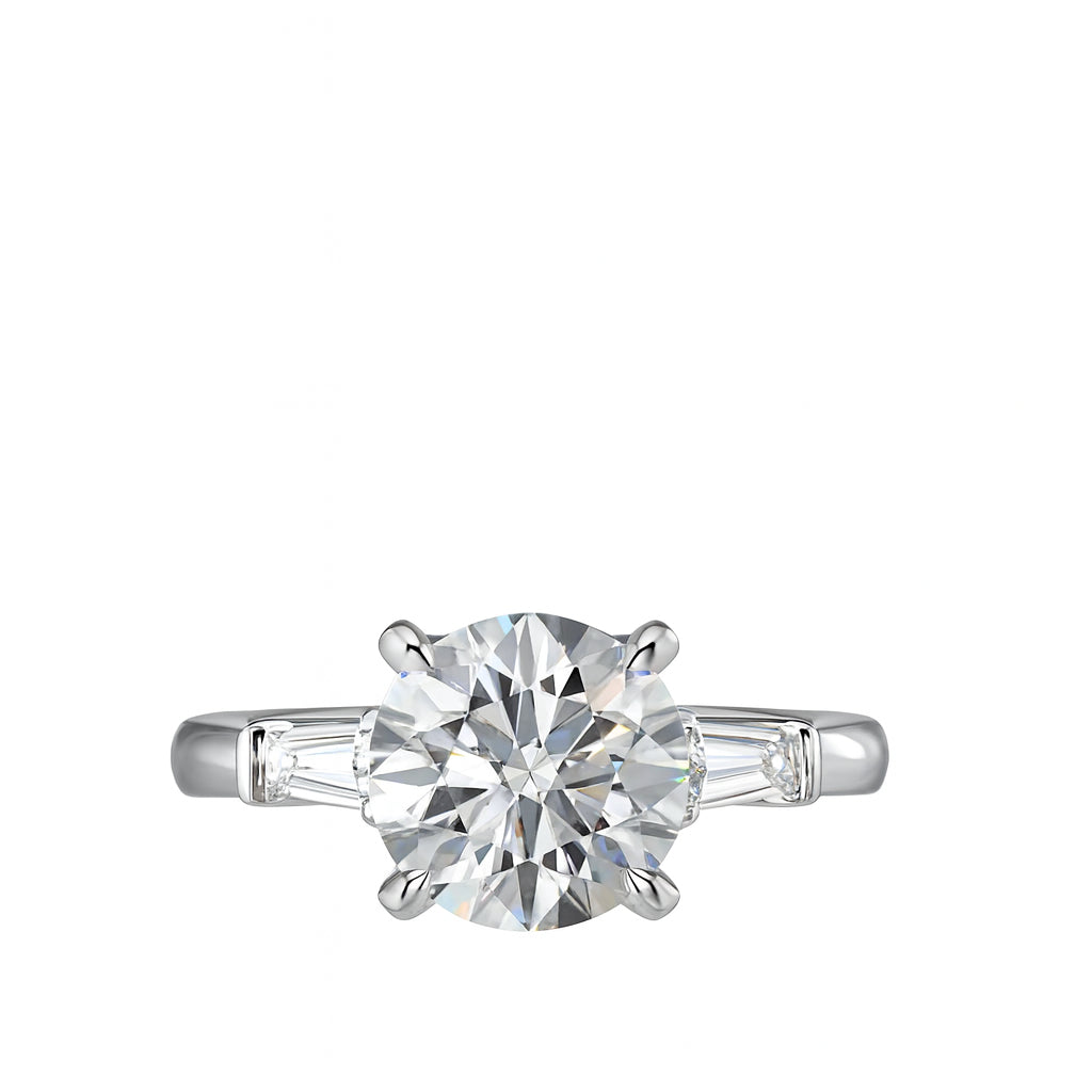 Round Brilliant &amp; Tapered Baguette 3.00ct Lab Diamond Engagement Ring in 14K White Gold