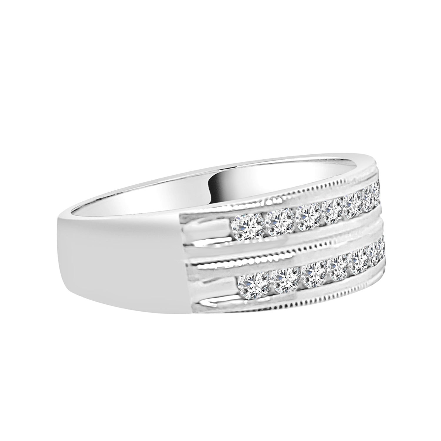 10K White Gold 2 Row Milgrain Wedding Band with 0.75ct Natural Diamond