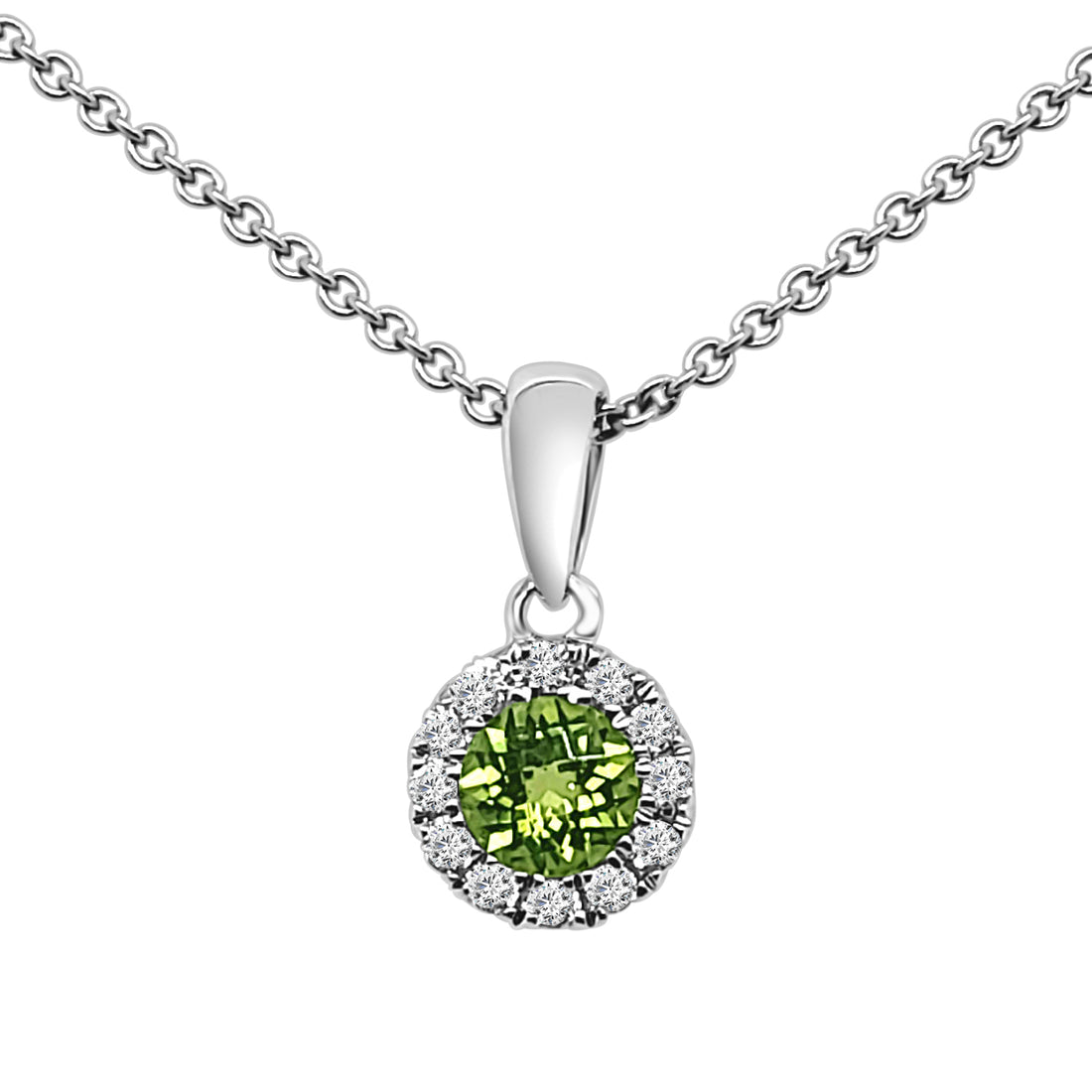 14 Karat White Gold Round Halo Drop Necklace with Peridot - 0.31ct
