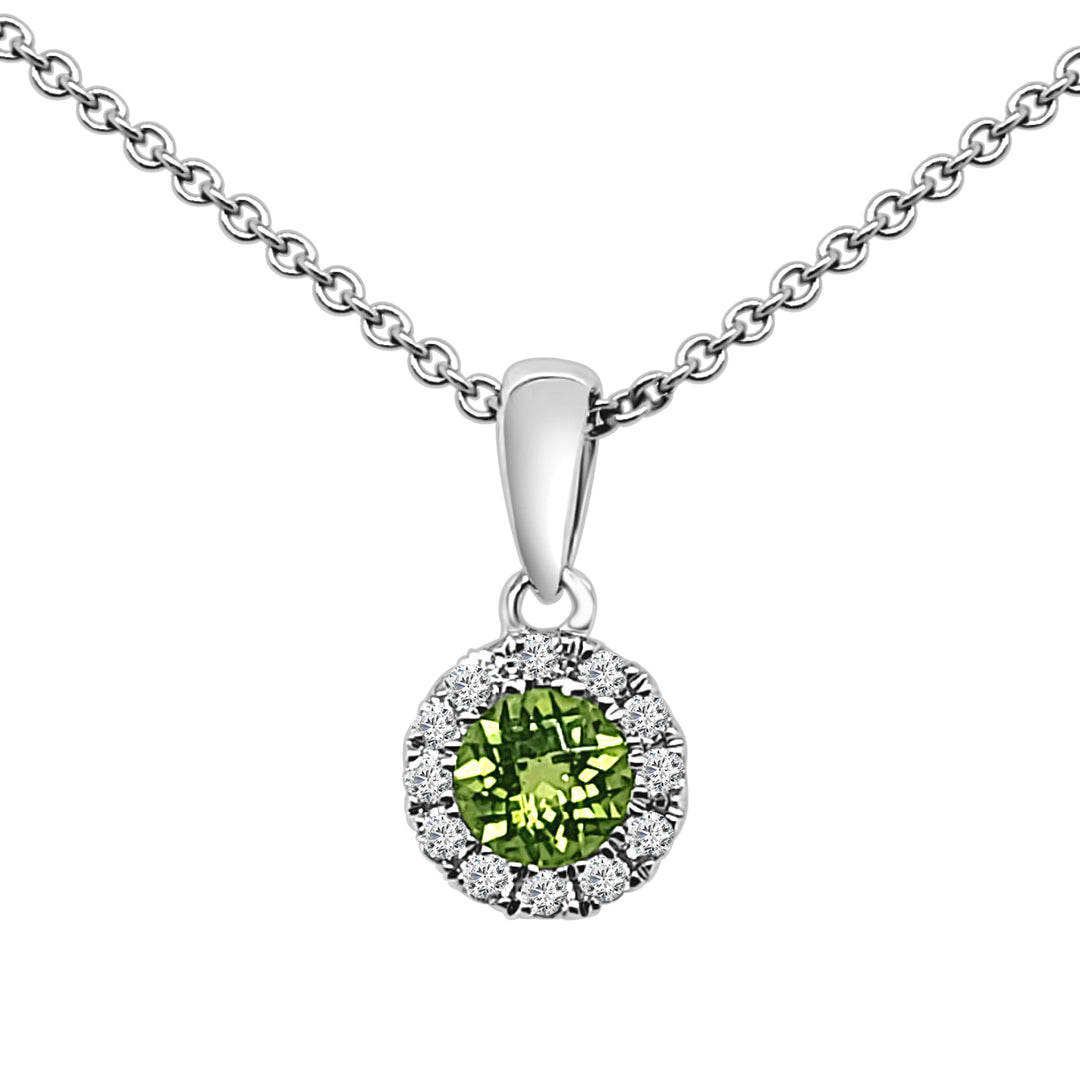 14 Karat White Gold Round Halo Drop Necklace with Peridot