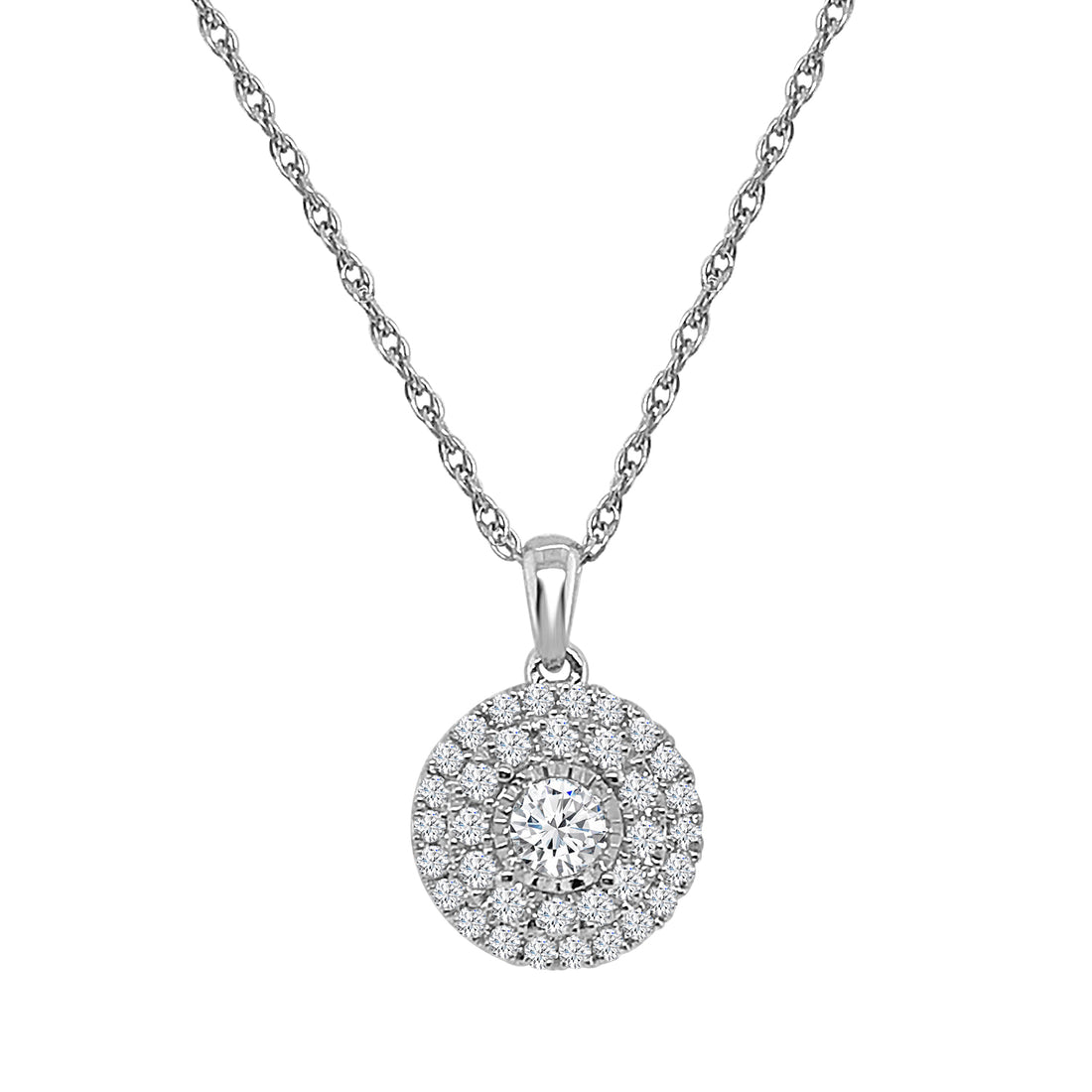 Sparkling Illusion Double Halo Necklace in 10 Karat White Gold with 0.50 Carat Natural Diamond