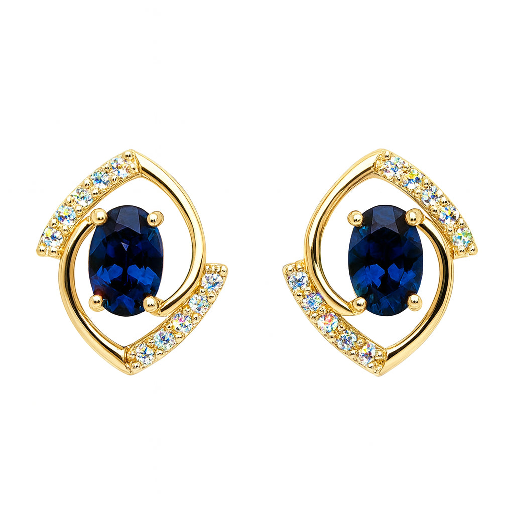 14K Yellow Gold Open Swirl Blue Sapphire Oval Earrings - 1.31 ct