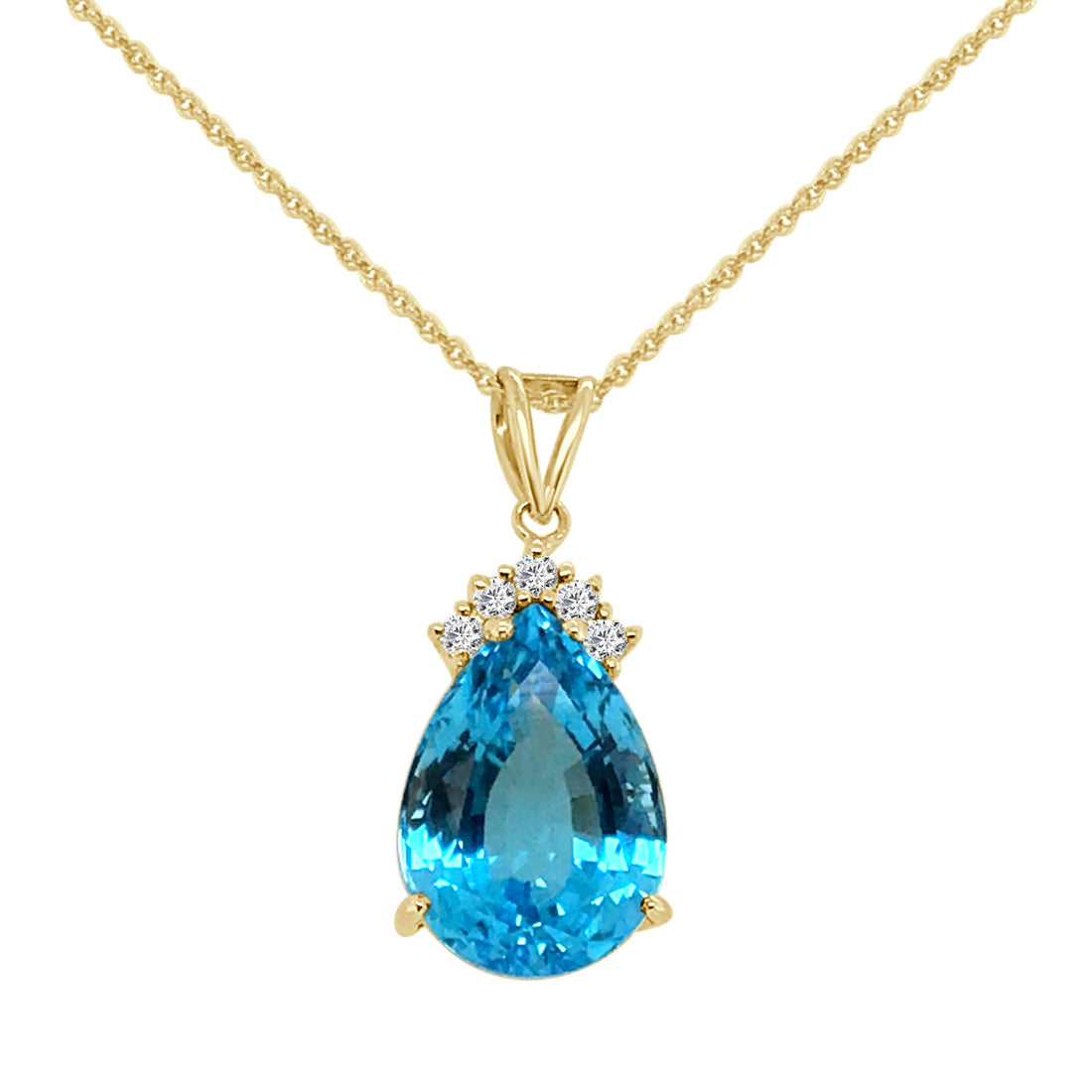 14 Karat Yellow Gold Teardrop Blue Topaz and Diamond Necklace