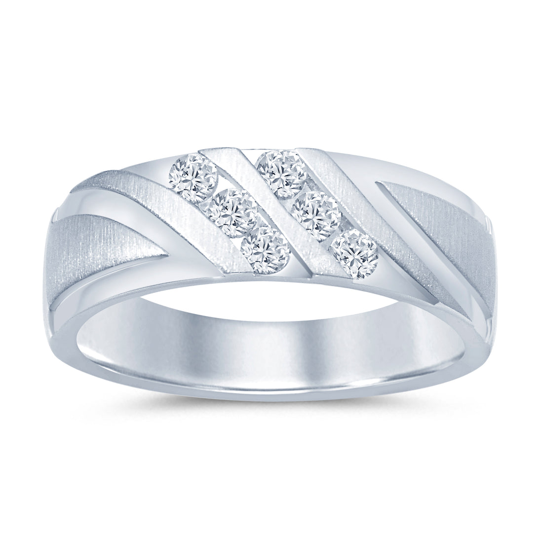 14K White Gold Natural Diamond Wedding Band with Diagonal Satin Fancy Design - 0.38 Carat