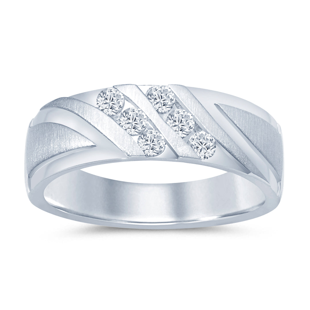 Elegant Diagonal Satin Fancy Wedding Band - 14 Karat White Gold with Natural Diamond Accents