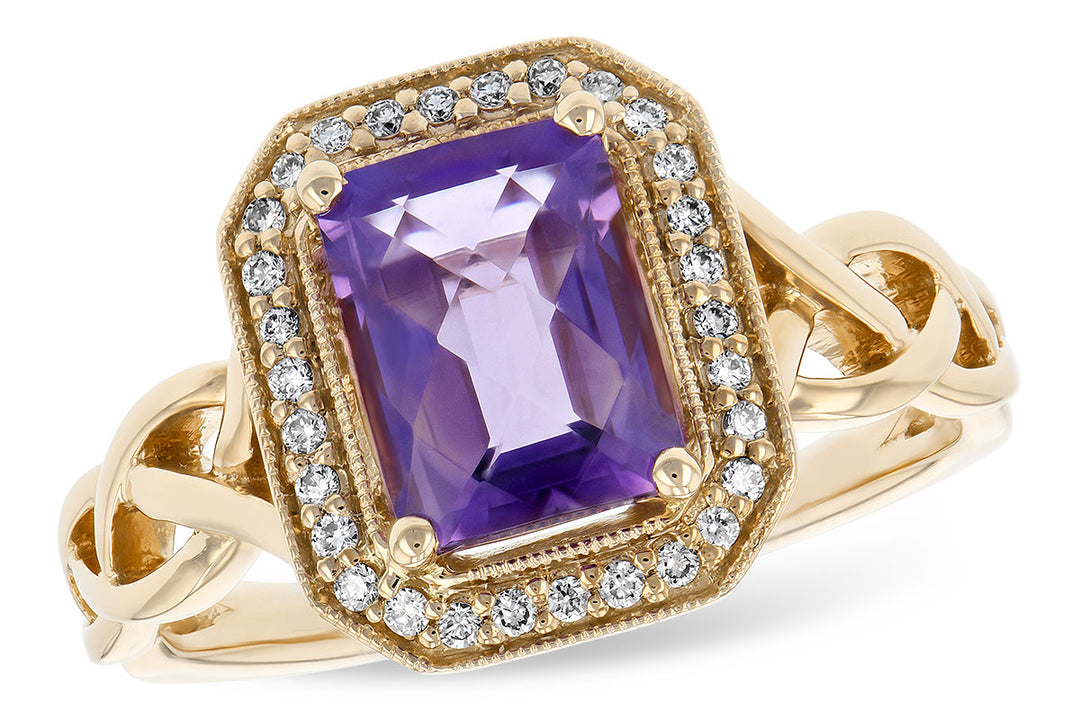 14 Karat Yellow Gold Braided Shank Emerald Halo Ring with Amethyst - 1.42 Carat