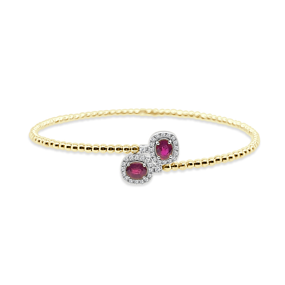 Diamond and Ruby Beaded Flex Bangle with Oval Shape, 14 Karat Two-Tone Gold, 0.81 Carat