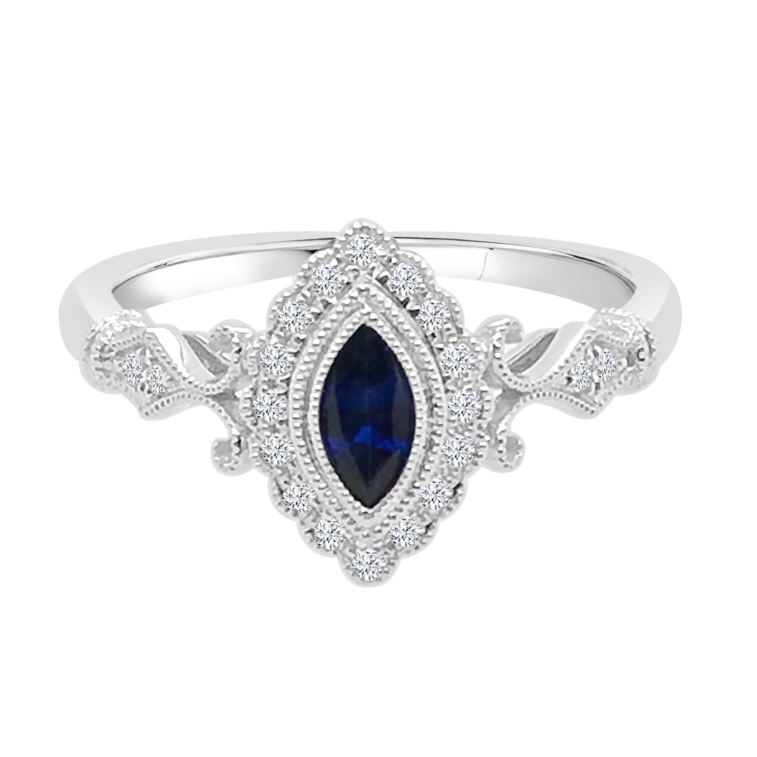 Blue Sapphire Filigree Marquise Ring in 14 Karat White Gold - 0.29 Carat