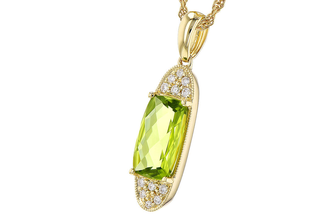 Peridot Elongated Cushion Necklace in 14 Karat Yellow Gold with Rope Detail