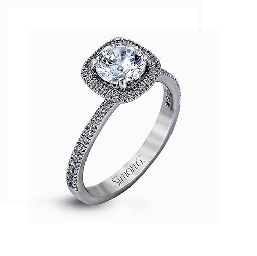 Sparkling Splendor: 18 Karat White Gold Thin Cushion Engagement Mounting with Cubic Zirconia Accent