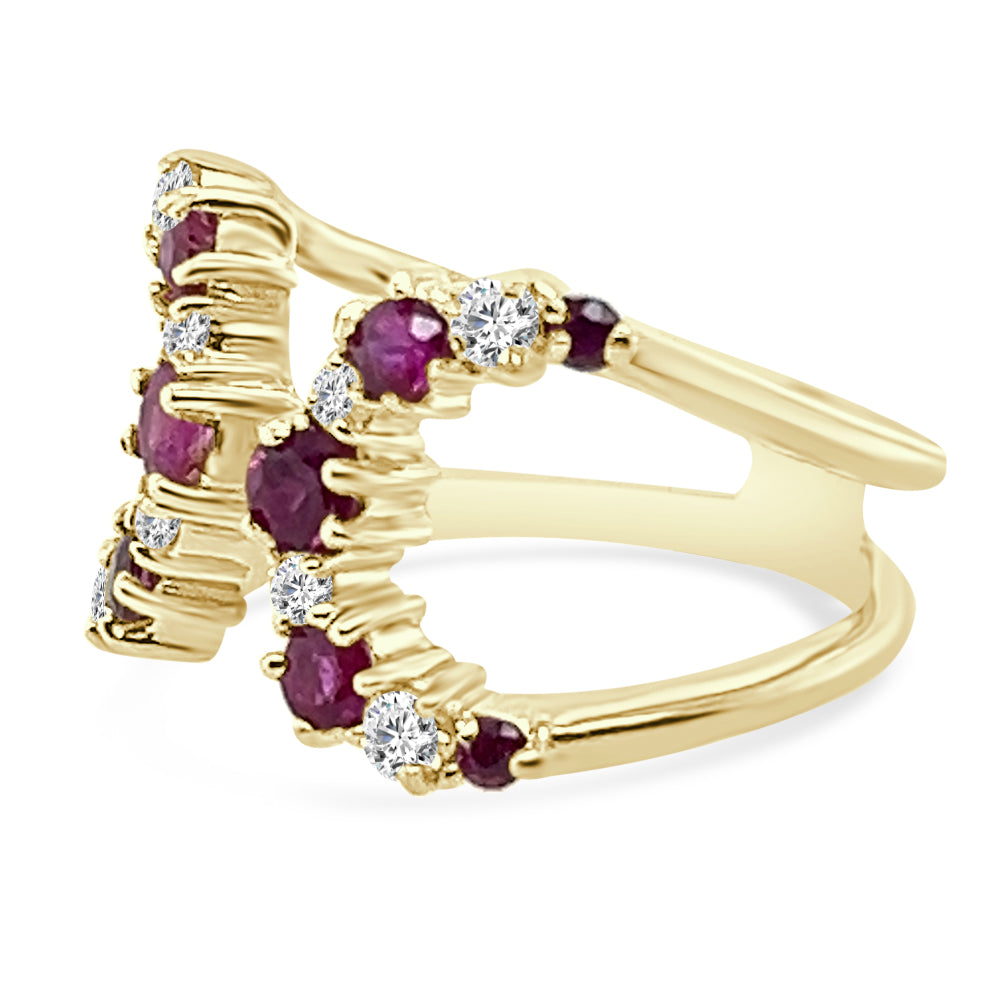 Radiant Ruby and Diamond Open Wrap Ring in 14K Yellow Gold - Round 1.25 Carat