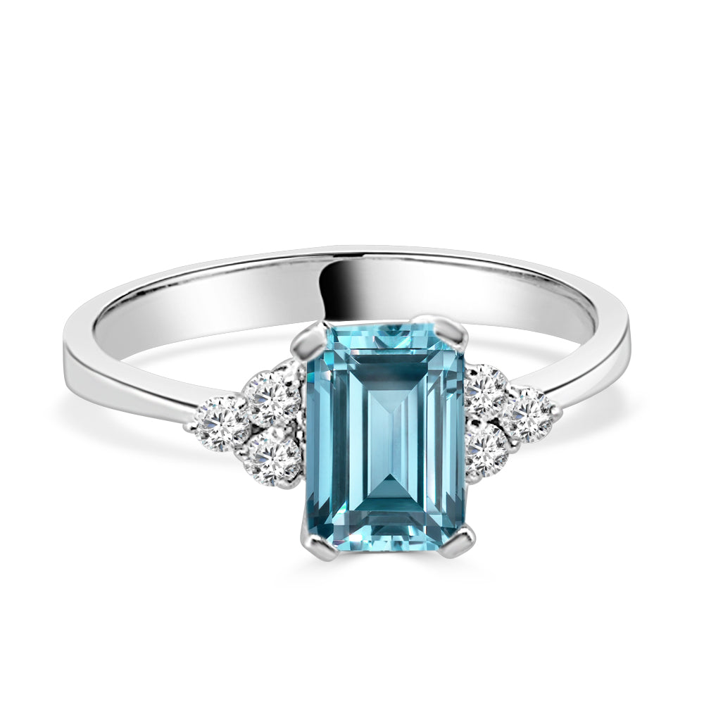 Aquamarine and Diamond Emerald Shape Ring in 14 Karat White Gold, 1.00 Carat