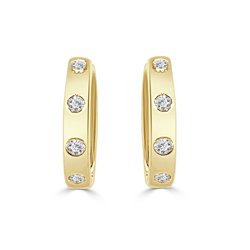 14K Yellow Gold Round Natural Diamond Station Bezel Set Hoop Earrings (0.28ct)