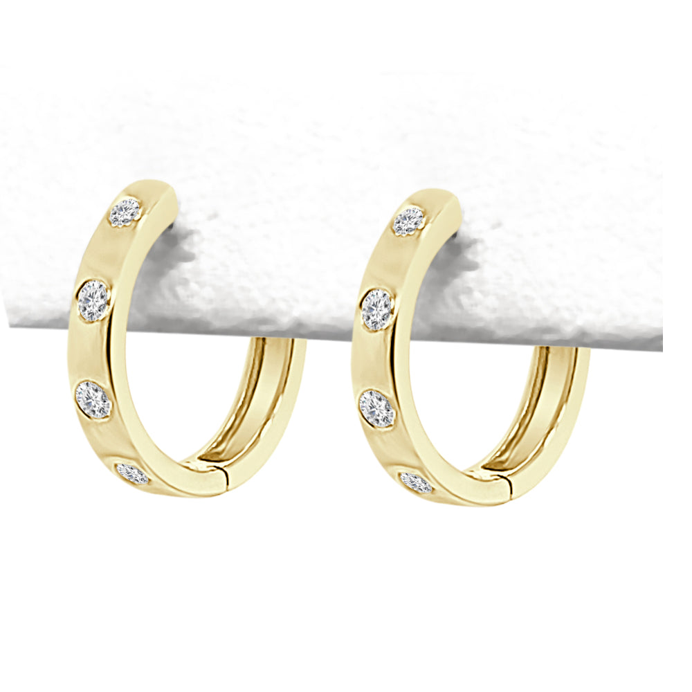 14K Yellow Gold Round Natural Diamond Station Bezel Set Hoop Earrings (0.28ct)